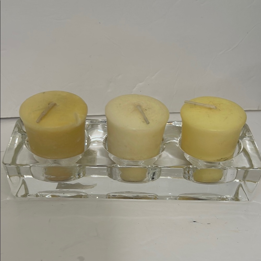 SOLID GLASS CANDLE HOLDER W/ THREE CANDLES INCLUDED NWOT
